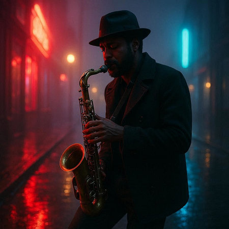 African american jazz musician playing the saxophone on a foggy night street.
