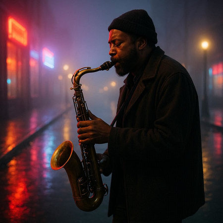 Jazz musician playing the saxophone in a foggy street.