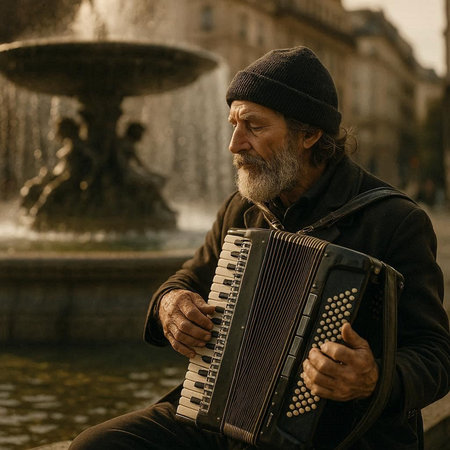 Portrait of an old man playing accordion in Paris, France