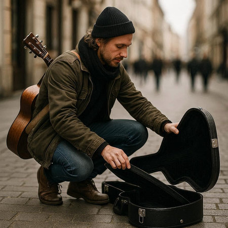 Street musician sitting on the street and playing guitar in the city.