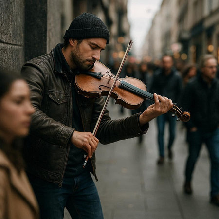 Handsome man playing the violin in the street. Musician playing the violin.