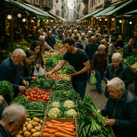 People buying vegetables on the street market in Barcelona, Spain