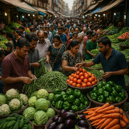 View of unknowns Nepali people selling vegetables at the street market in Kathmandu in the morning