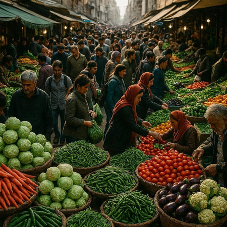 View of unknowns Nepali people selling vegetables at the street market in Kathmandu in the morning