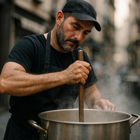 Bearded caucasian man in black t-shirt and cap cooking soup in big pot.