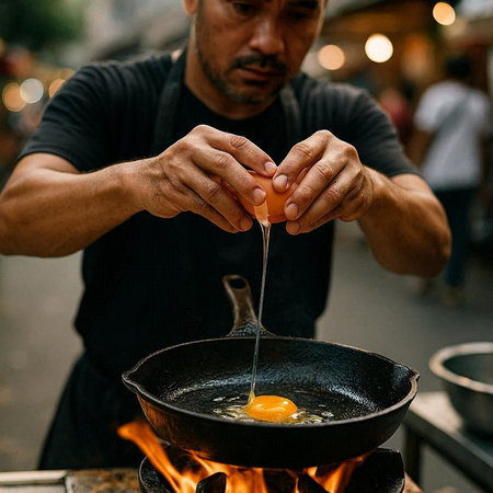 Cooking fried eggs on the fire in the street food festival.
