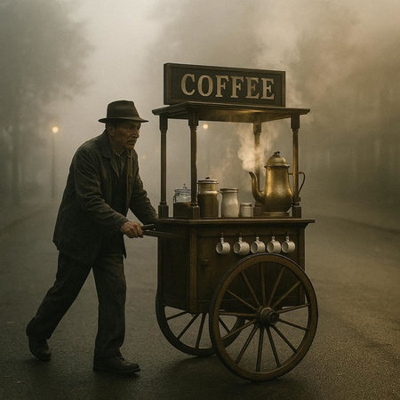Old man in a hat with a coffee cart on a foggy road