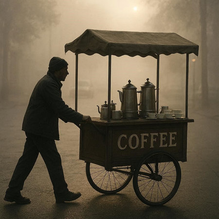 Coffee cart on the street in foggy morning. Vintage style.