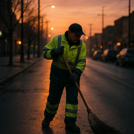 Worker cleans the street with a broom at night in the city.