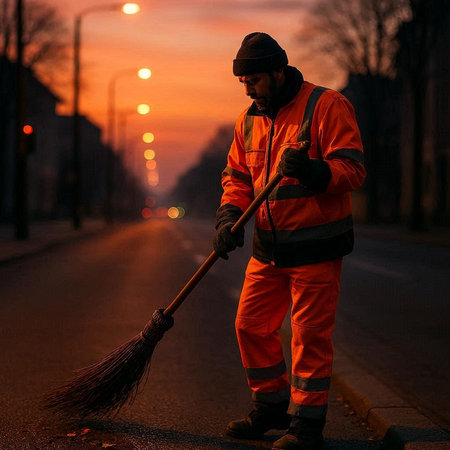 Worker cleans the street with a broom in the early morning.