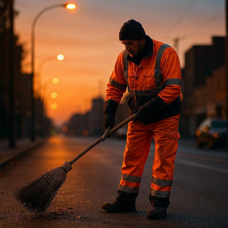 Worker cleans the road with a broom in the city at sunset