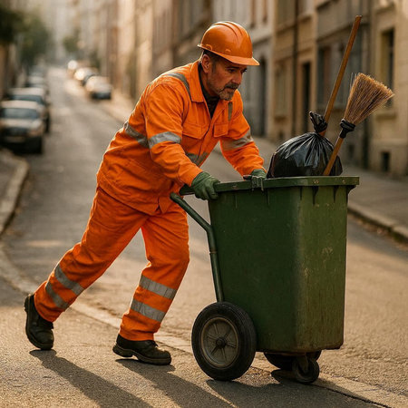 Worker in orange overalls and hardhat with broom and garbage bin on the street