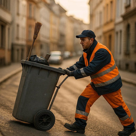 Garbage collector with a broom and a trash can on the street