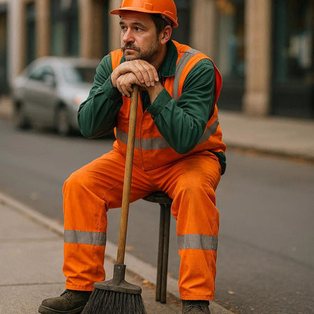 Portrait of a man in overalls and hardhat cleaning the street