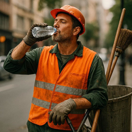Worker drinking water from a plastic bottle while cleaning the street.