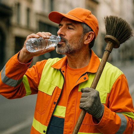 Senior man drinking water from a plastic bottle while cleaning the city street