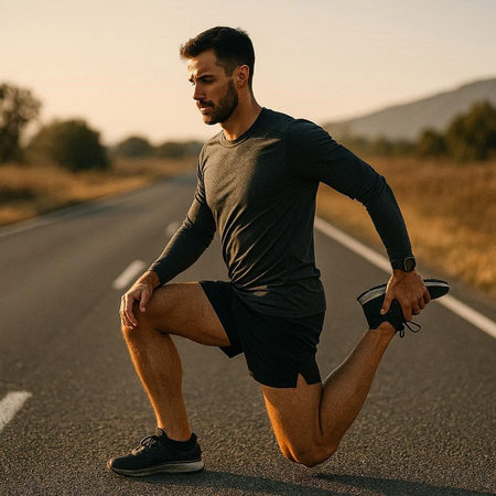 Young man in sportswear running on the road at sunset.