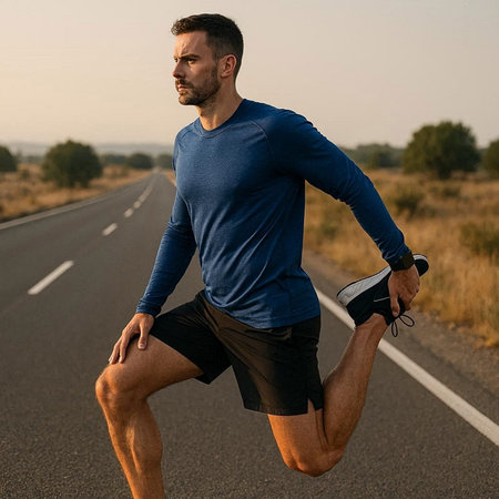 Athletic young man running on the road at sunset.