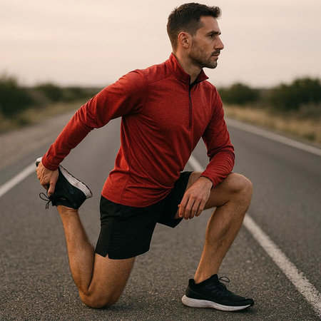 Young man in sportswear running on an empty road at sunset