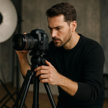 Handsome young man with a beard in a black T-shirt is taking pictures on a camera with a tripod