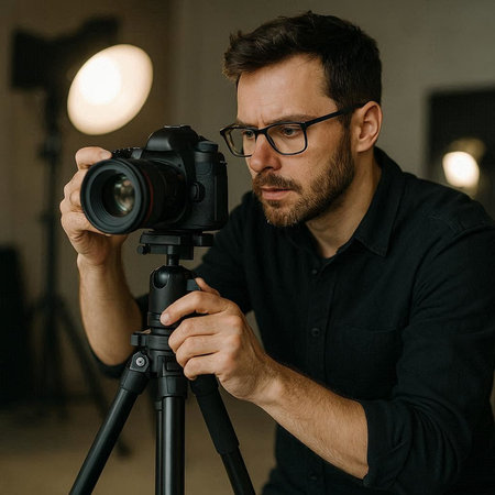Handsome young caucasian photographer in black shirt and eyeglasses holding professional camera and...