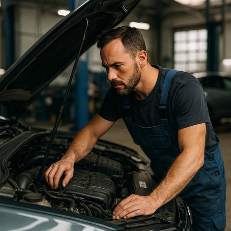 handsome mechanic repairing car in auto repair shop, focus on man