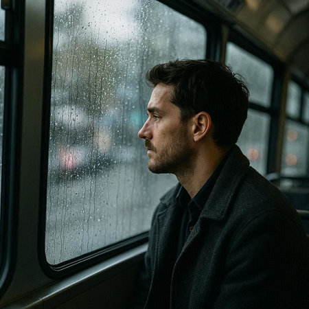 Portrait of a handsome young man with dark hair in a black jacket on the background of a rainy city.