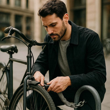 handsome young man in black jacket leaning on bicycle and looking down