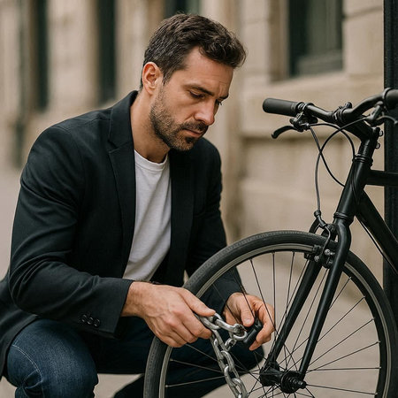 handsome man fixing bicycle wheel on street with chain and looking away
