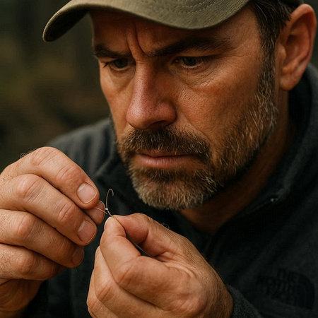 Close-up of a craftsman in a cap working on a fishing rod