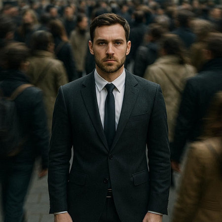 Portrait of a serious man in a business suit on a background of crowd