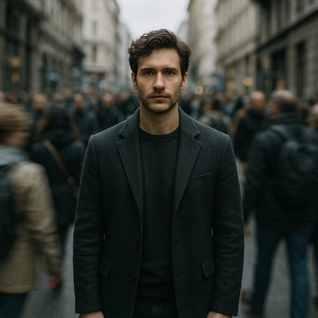 Handsome young man in a black coat on a city street