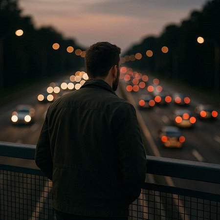 Young man standing on the bridge in the evening and looking at the city.