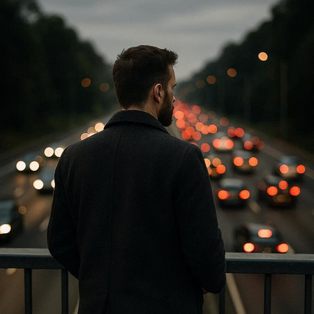 Back view of a man in a black coat standing on the bridge and looking at the city