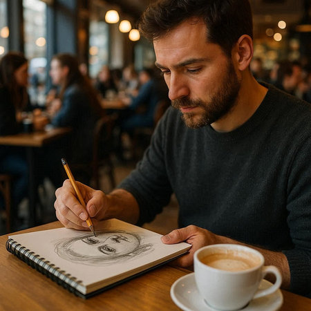 Handsome bearded man drawing in a sketchbook while sitting at a table in a cafe