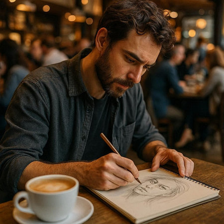 Handsome bearded man drawing a picture in a coffee shop.