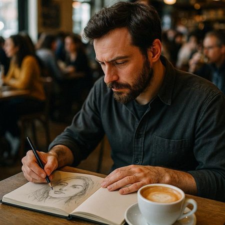 Handsome bearded man sitting at a table in a cafe and writing in a notebook
