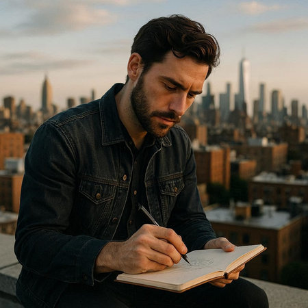 Handsome young man writing notes in a notebook while sitting on a rooftop in New York City
