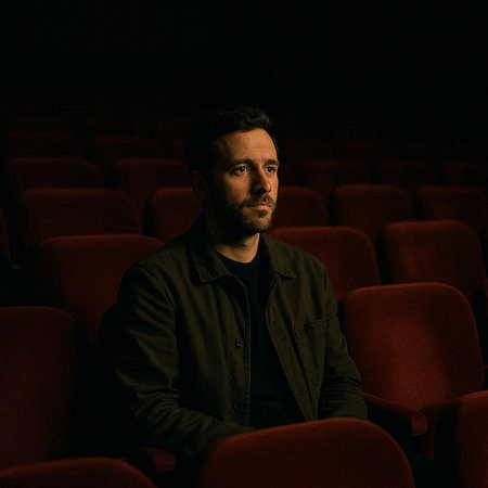 Portrait of a man sitting in the cinema and looking at the camera