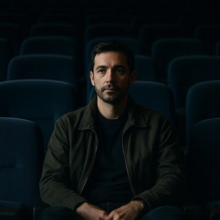 Portrait of a handsome man sitting in a cinema and looking at the camera