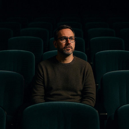 Portrait of a man with glasses sitting in a cinema hall.