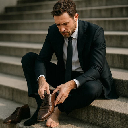 Handsome businessman in formalwear tying his shoelaces while sitting on stairs outdoors