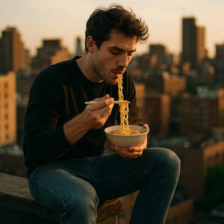 Young man eating instant noodles on a rooftop in New York City.