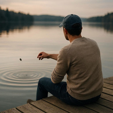 A man in a cap sits on a wooden pier and looks at the lake.