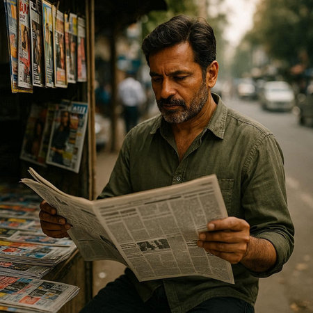 Handsome Indian man reading newspaper while sitting on the street.