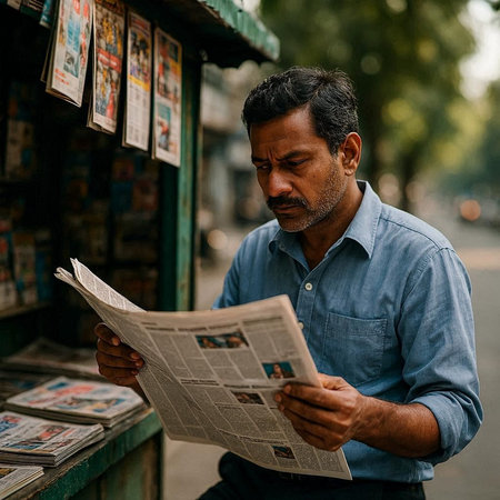 Handsome Indian man reading newspaper in the streets of Mumbai, India.