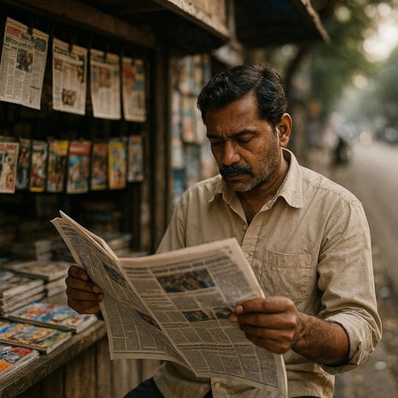 Indian man reading a newspaper in the streets of Mumbai, India.