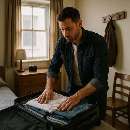 Handsome caucasian man packing clothes into a suitcase.