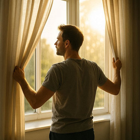 Man opening window curtains in the morning at home. Rear view.の写真素材