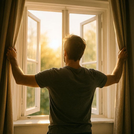 Back view of young man opening curtains in the morning. Man looking out the window.の写真素材